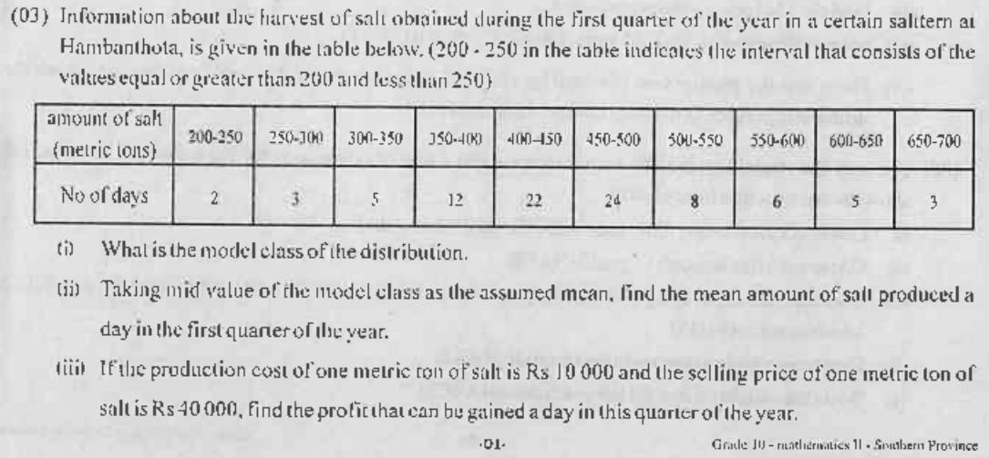 Paper II Part A Q3: Modal class, mean by assumed mean, daily profit from salt harvest
