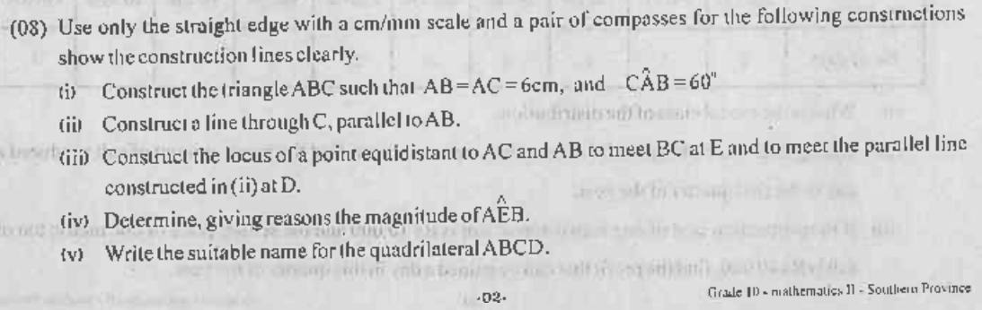 Paper II Part B Q8: Construct triangle, parallel line, angle bisector; name the quadrilateral