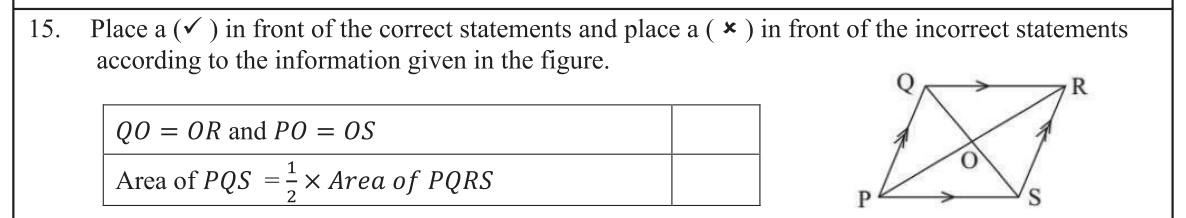 Paper I Part A Q15: True/false on parallelogram diagonals and triangle area