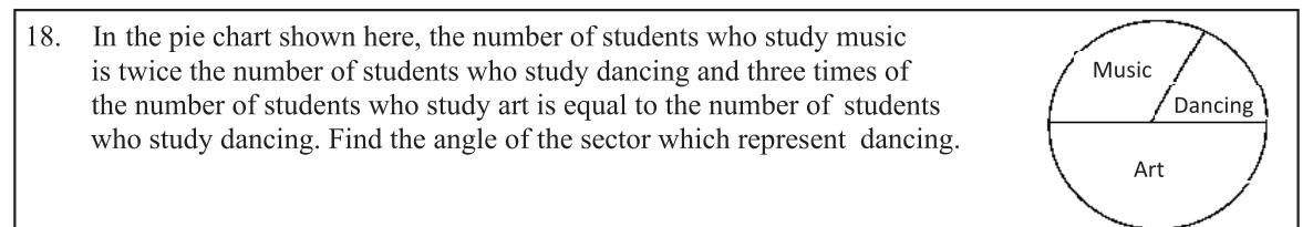 Paper I Part A Q18: Pie chart sector angle from ratios between groups