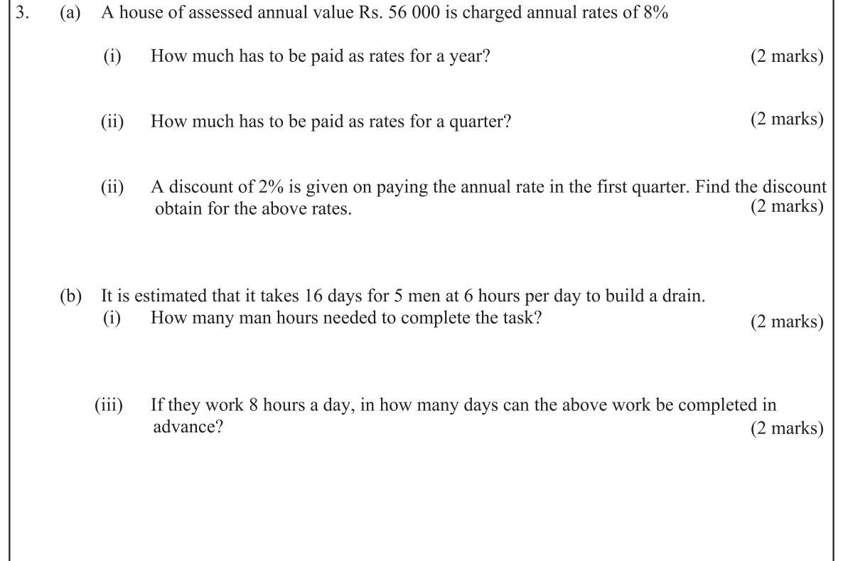 Paper I Part B Q3: Rates with a discount; man-hours for a drain