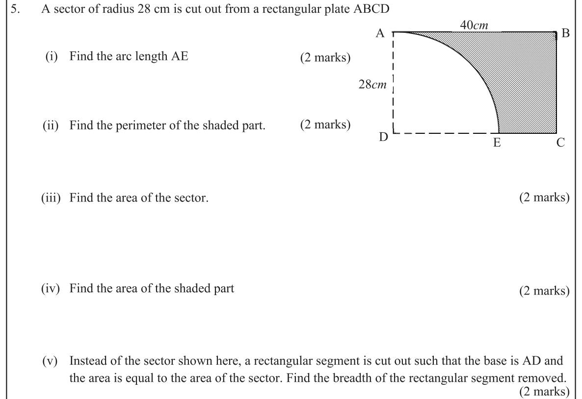 Paper I Part B Q5: Quarter-circle cut from a rectangle: arc, perimeter, areas