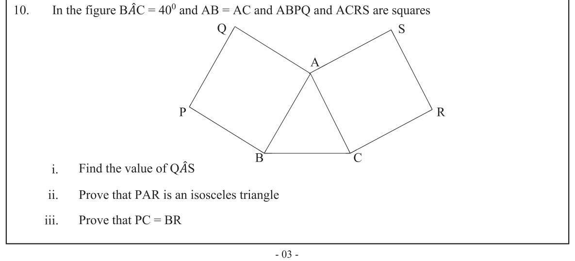 Paper II Part B Q10: Squares on equal sides: angle, isosceles triangle, equal lengths