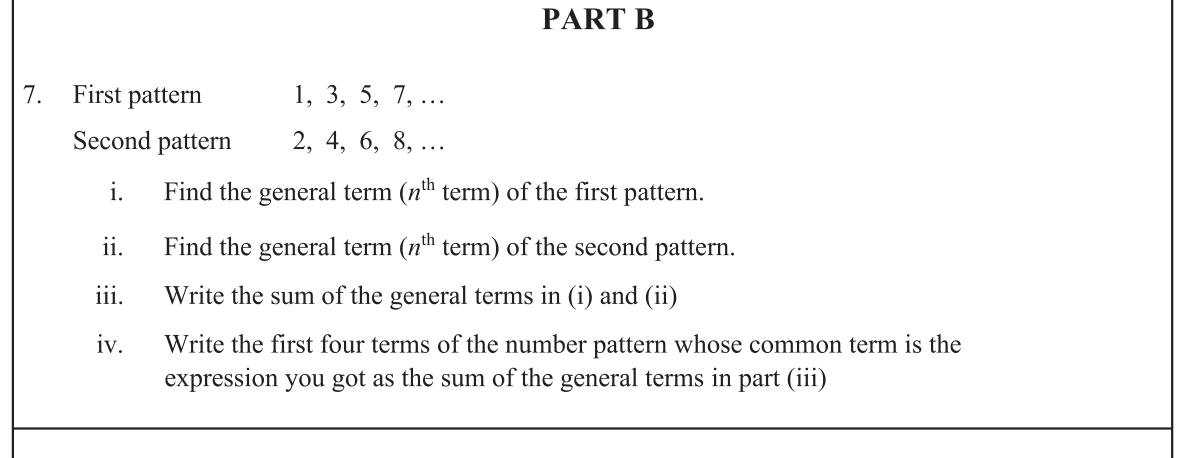 Paper II Part B Q7: General terms of odd and even patterns and their sum