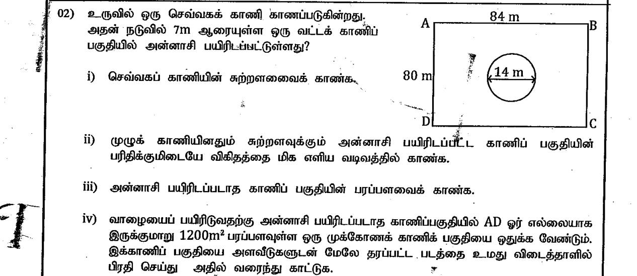 Paper I Part B Q2: Rectangular field with a circular plot: perimeter ratio, area, triangle of given area