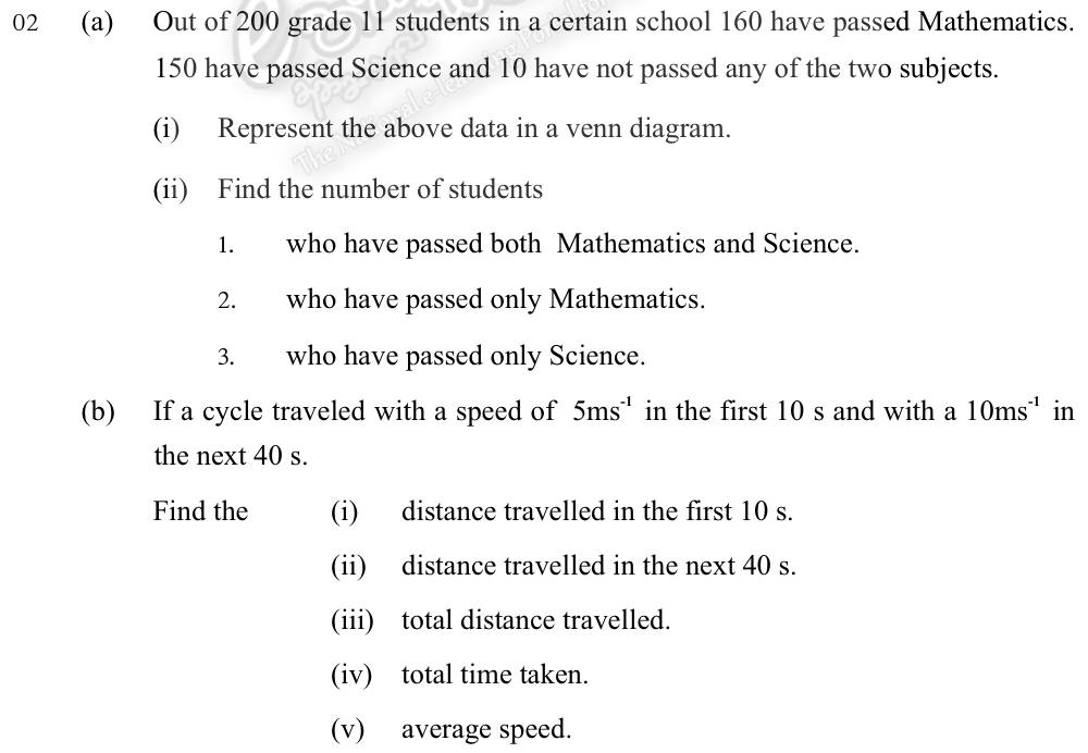 Paper II Part - Q2: Venn diagram of exam passes; cyclist's distances and average speed