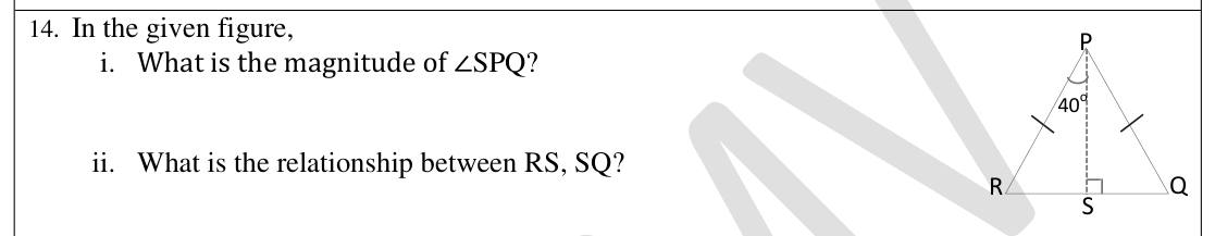 Paper I Part A Q14: Isosceles triangle with perpendicular from apex: angle and equal parts