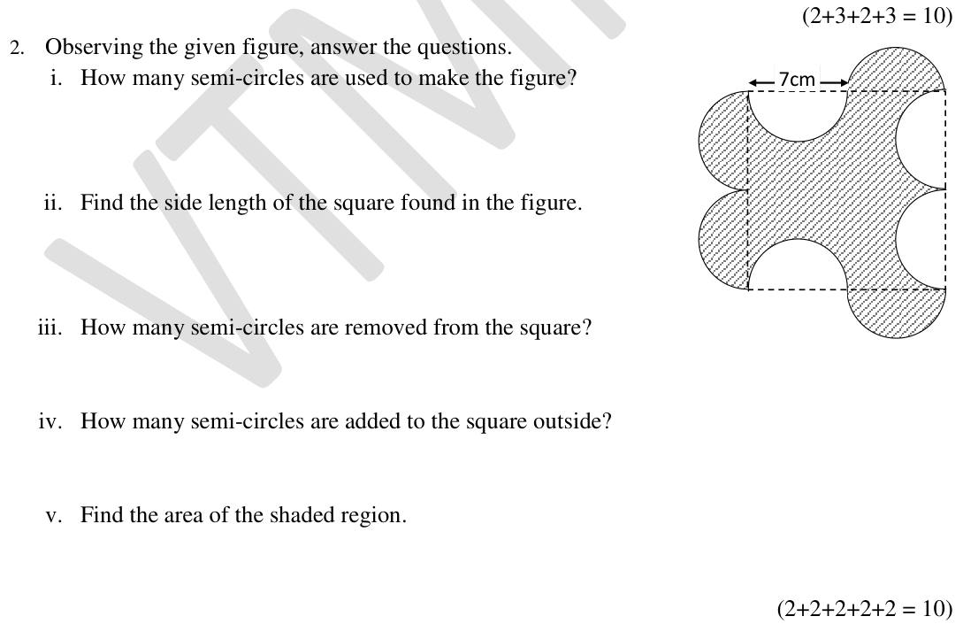 Paper I Part B Q2: Square with semicircles added and removed: count and area