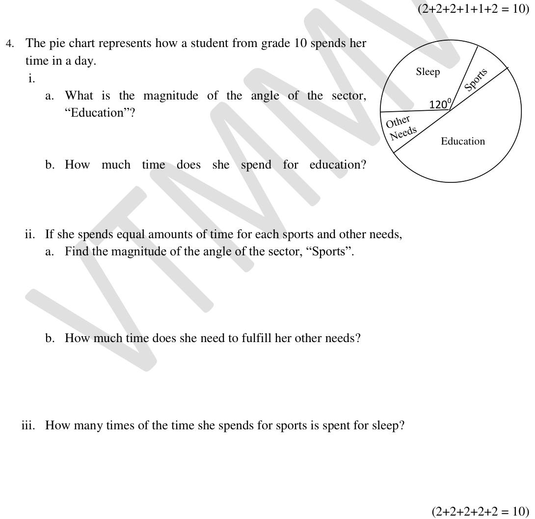 Paper I Part B Q4: Pie chart of a student's day: angles and times