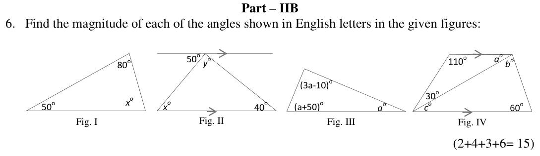 Paper II Part B Q6: Unknown angles in triangles and a trapezium with parallel lines