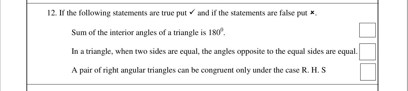 Paper I Part A Q12: True/false statements on triangles and congruency