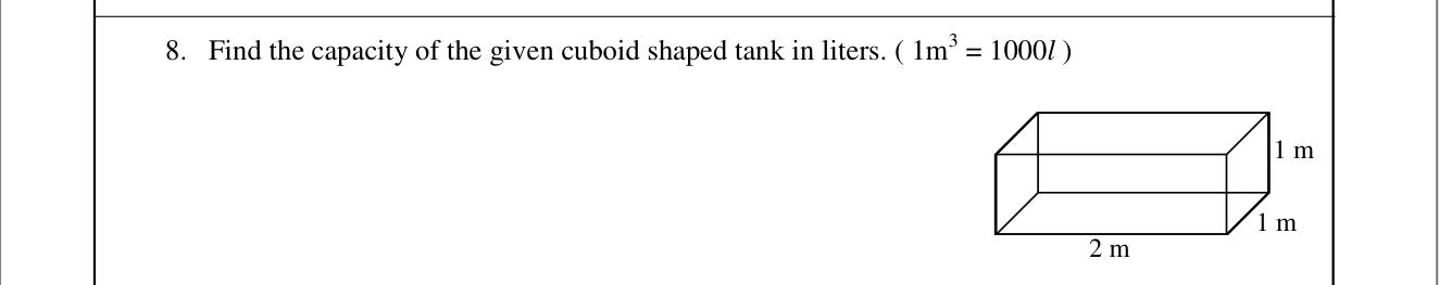 Paper I Part A Q8: Capacity in litres of a cuboid tank