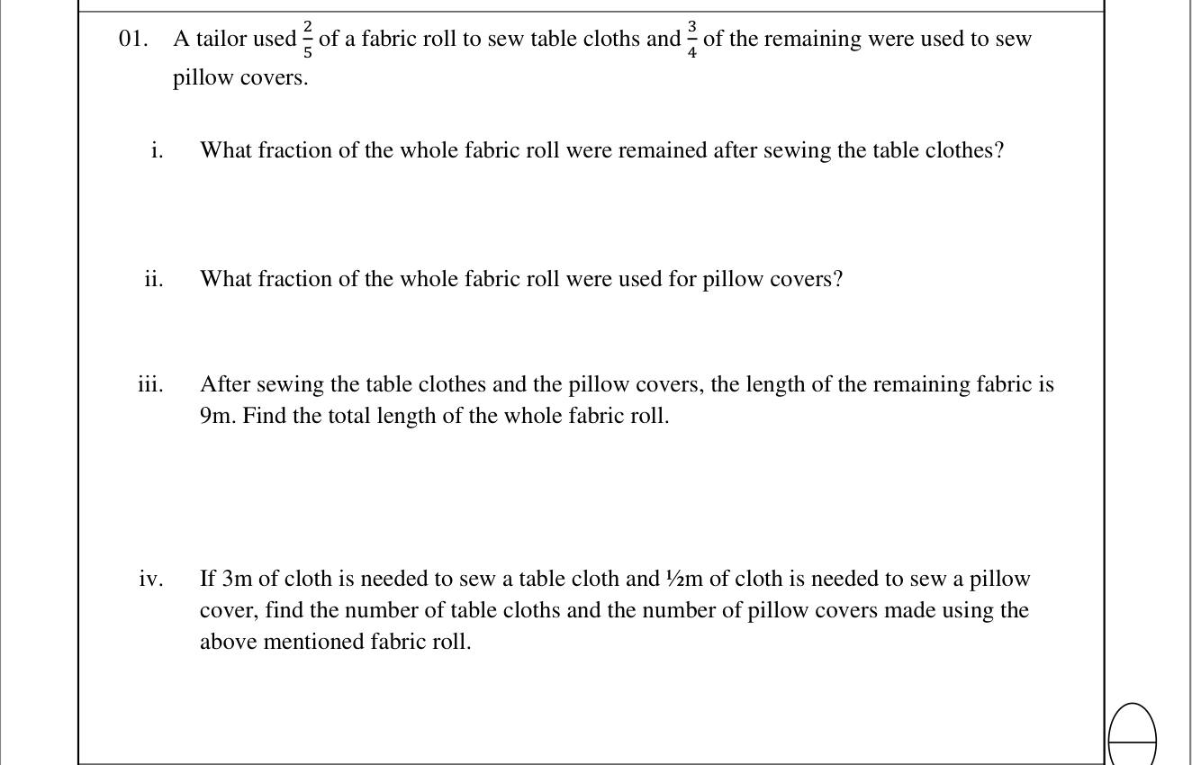 Paper I Part B Q1: Fractions of a fabric roll; total length and item counts