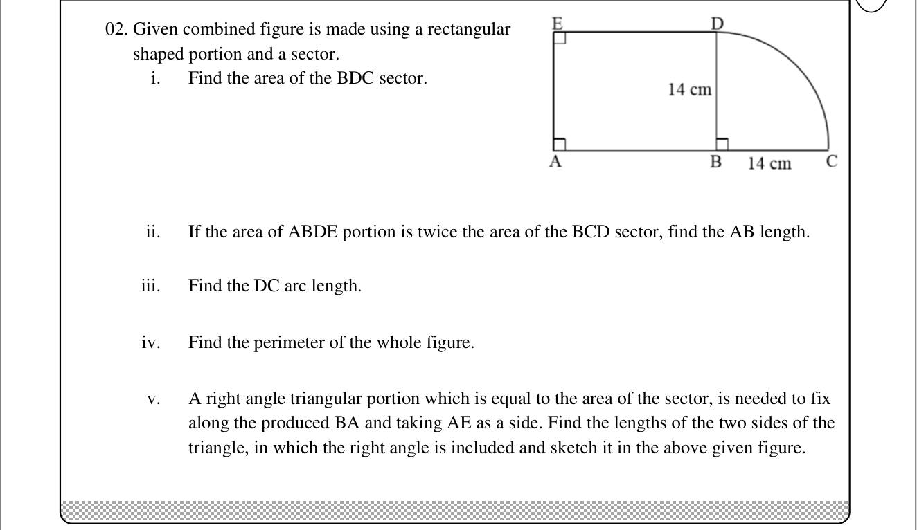 Paper I Part B Q2: Rectangle plus quarter-circle: areas, arc, perimeter, equal-area triangle