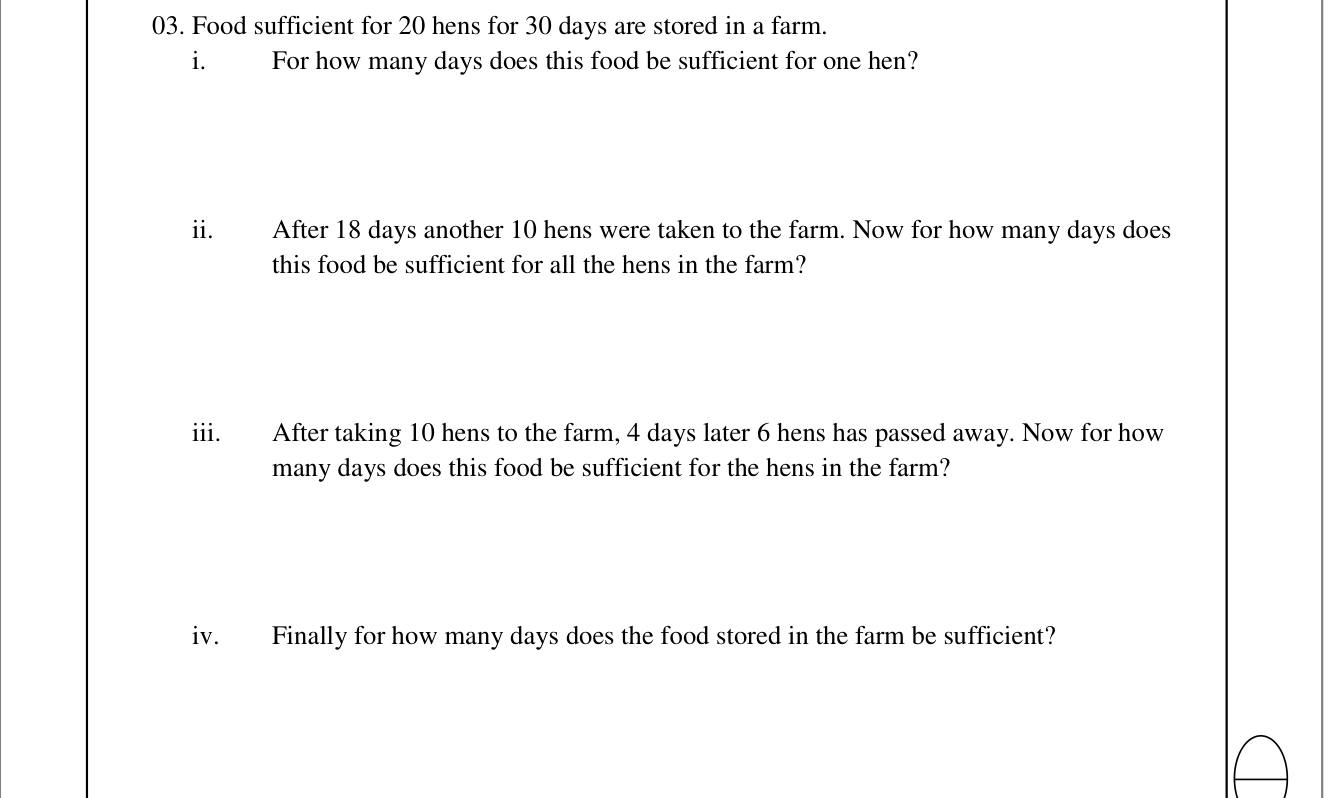 Paper I Part B Q3: Food for hens: days left as hen numbers change