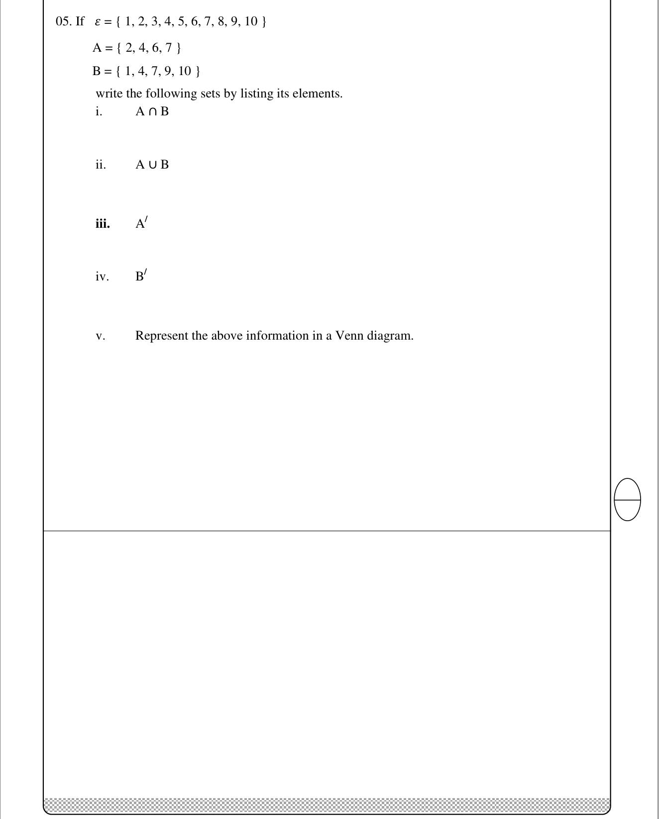 Paper I Part B Q5: List intersection, union, complements; draw the Venn diagram
