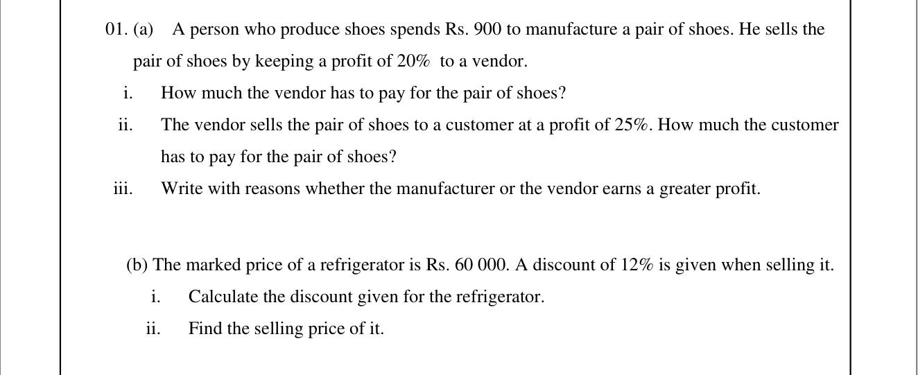 Paper II Part A Q1: Successive profits on shoes; discount on a refrigerator