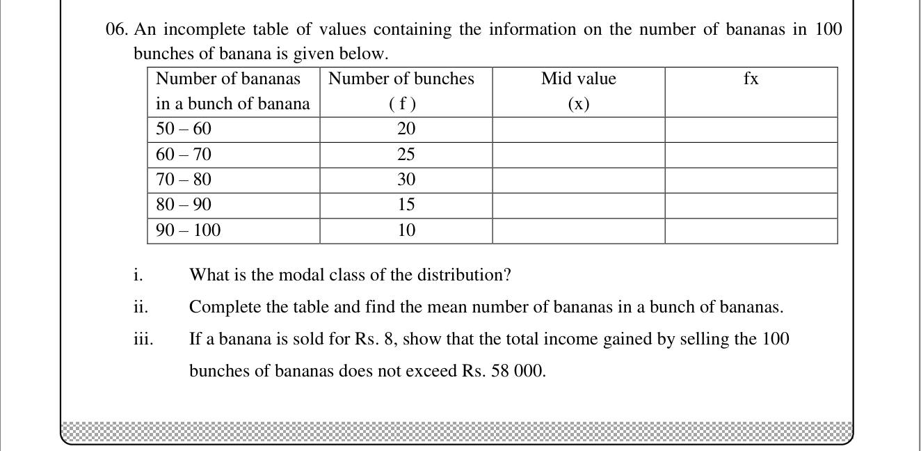 Paper II Part A Q6: Grouped bananas data: modal class, mean, income bound