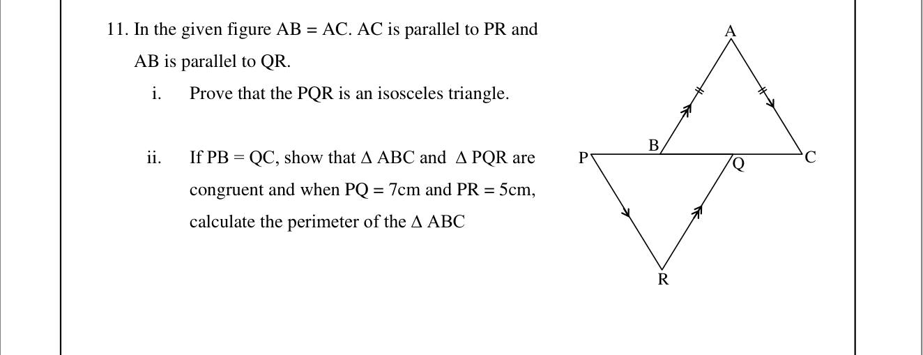 Paper II Part B Q11: Prove a triangle isosceles and two triangles congruent; perimeter