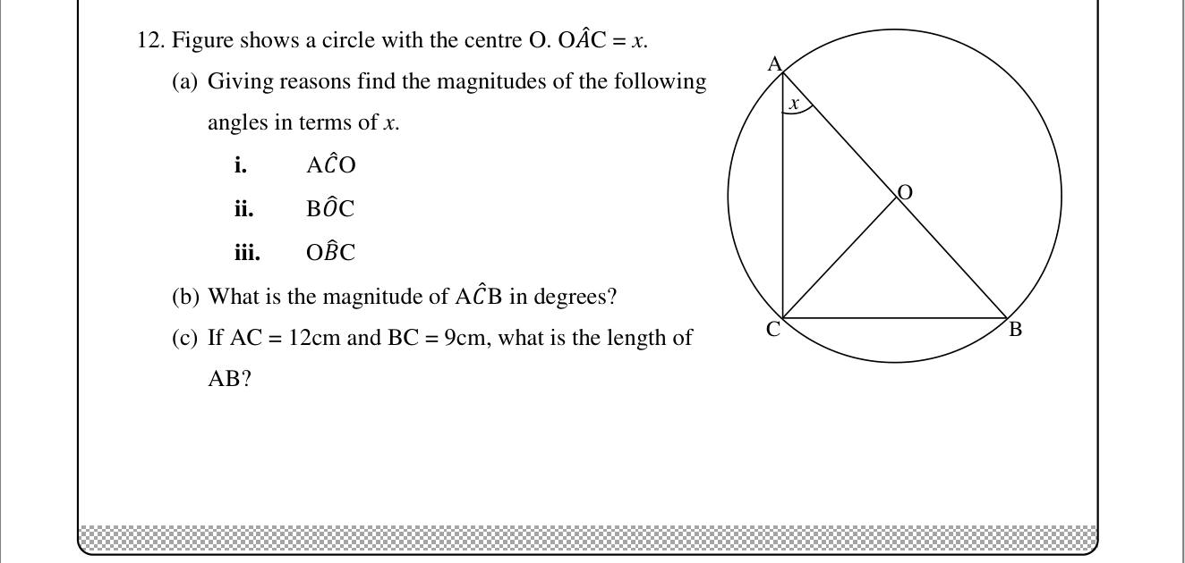 Paper II Part B Q12: Circle with a diameter: angles in terms of x; Pythagoras