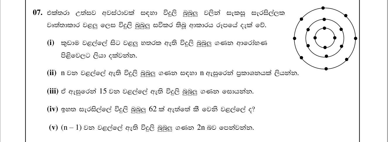 Paper II Part B Q7: Bulb rings pattern: general term, a term, find n
