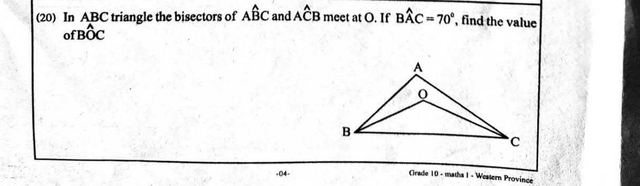 Paper I Part A Q20: Angle between bisectors of two triangle angles