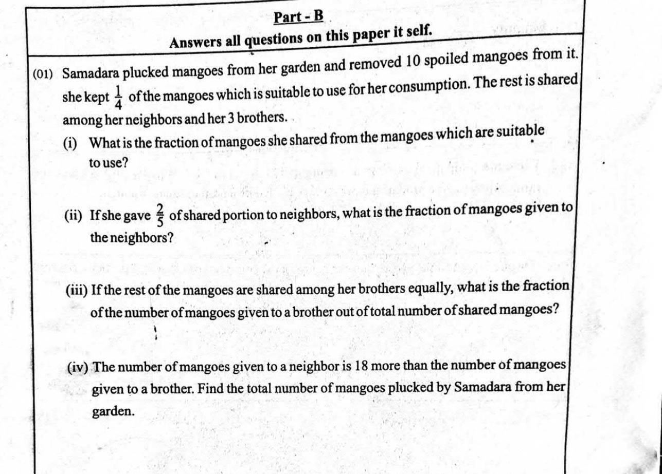 Paper I Part B Q1: Fractions of shared mangoes; find the total from a difference