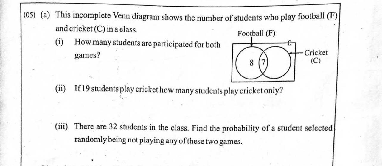 Paper I Part B Q5(a): Venn diagram counts and probability of neither set