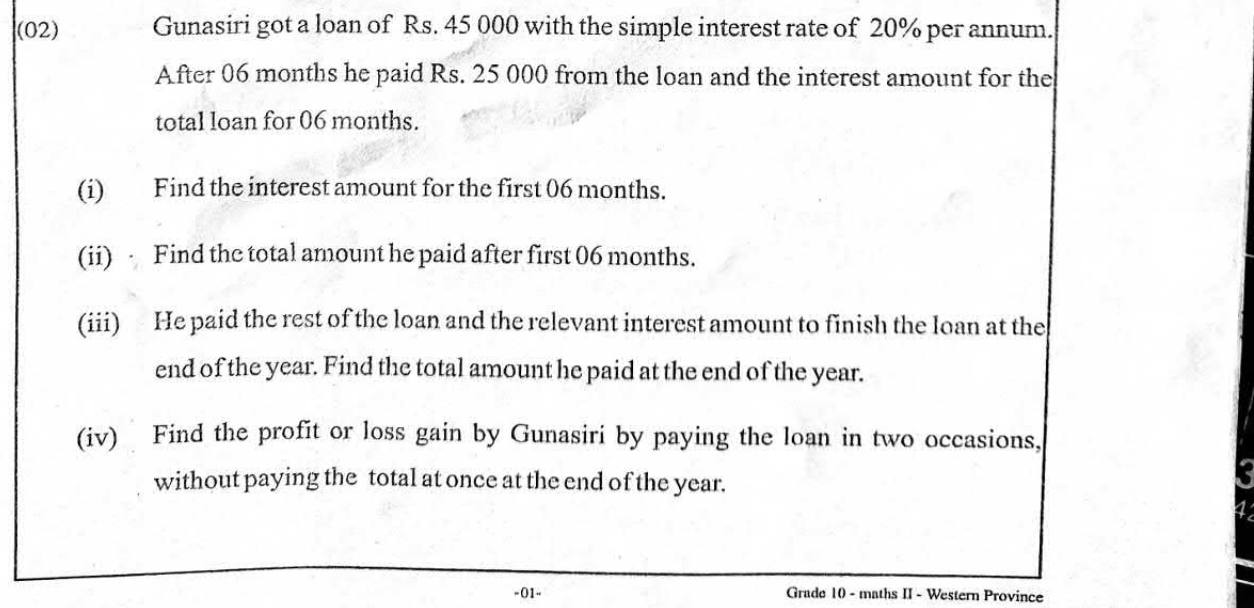 Paper II Part A Q2: Simple interest on a loan repaid in two parts; compare costs