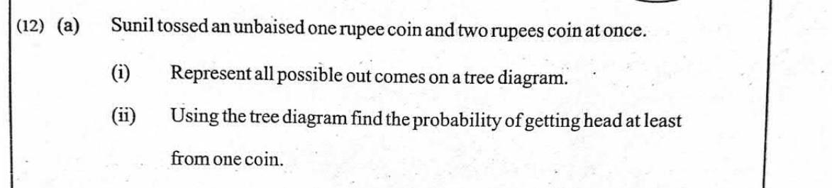 Paper II Part B Q12(a): Tree diagram for two coins; probability of at least one head