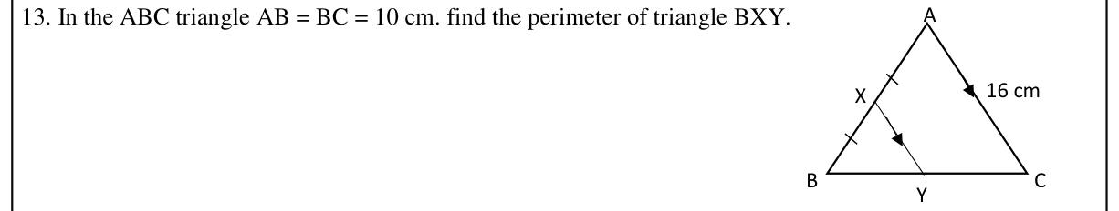 Paper I Part A Q13: Perimeter of triangle cut off by midpoint parallel line