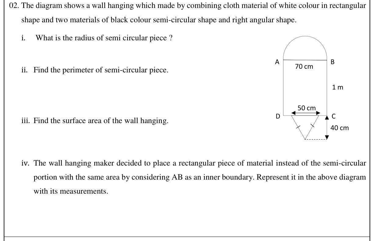 Paper I Part B Q2: Wall hanging: semicircle perimeter, total area, equal rectangle
