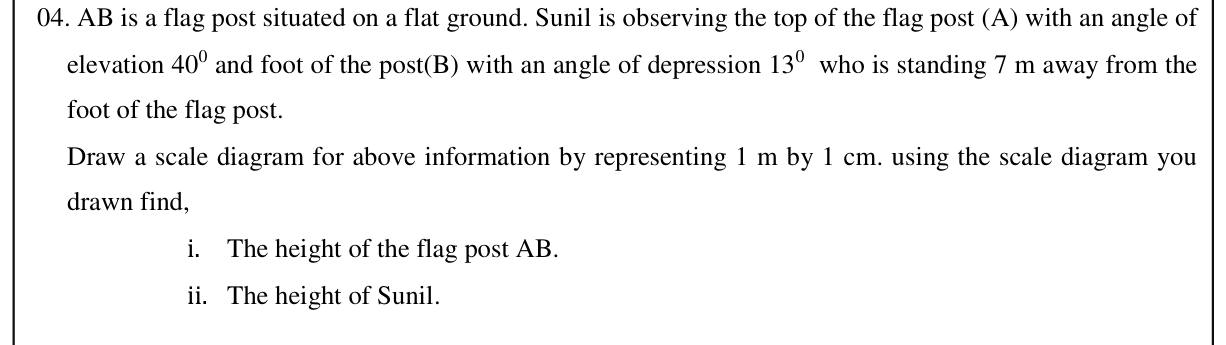 Paper II Part A Q4: Scale drawing with elevation and depression angles