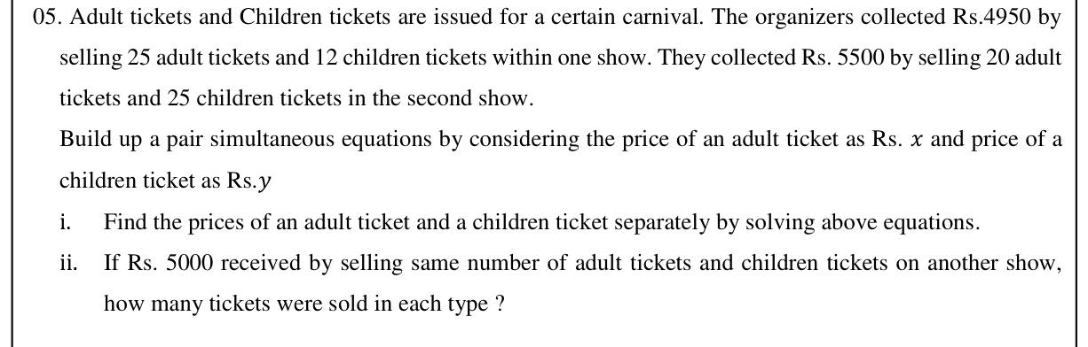 Paper II Part A Q5: Simultaneous equations for ticket prices