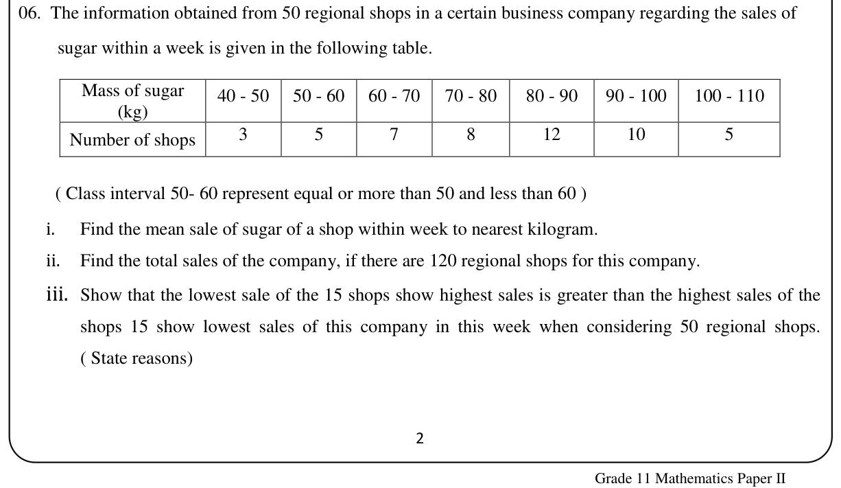 Paper II Part A Q6: Grouped sugar sales: mean, company total, compare extremes