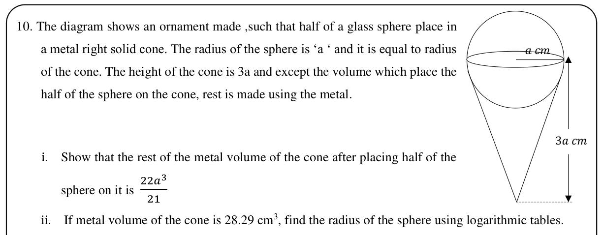 Paper II Part B Q10: Cone with hemisphere removed; radius by logarithms
