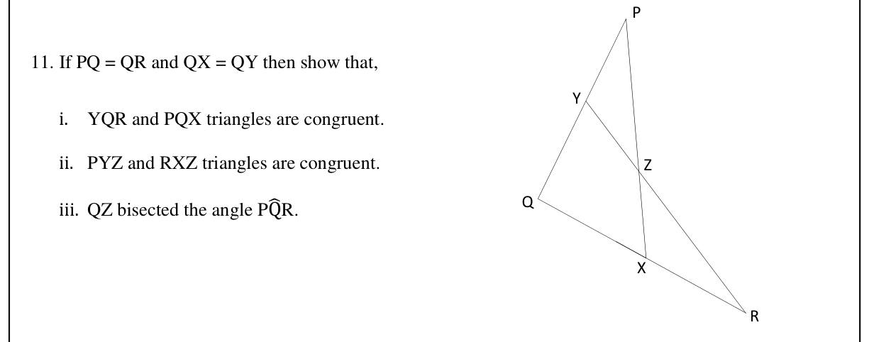 Paper II Part B Q11: Chains of congruent triangles to prove an angle bisector