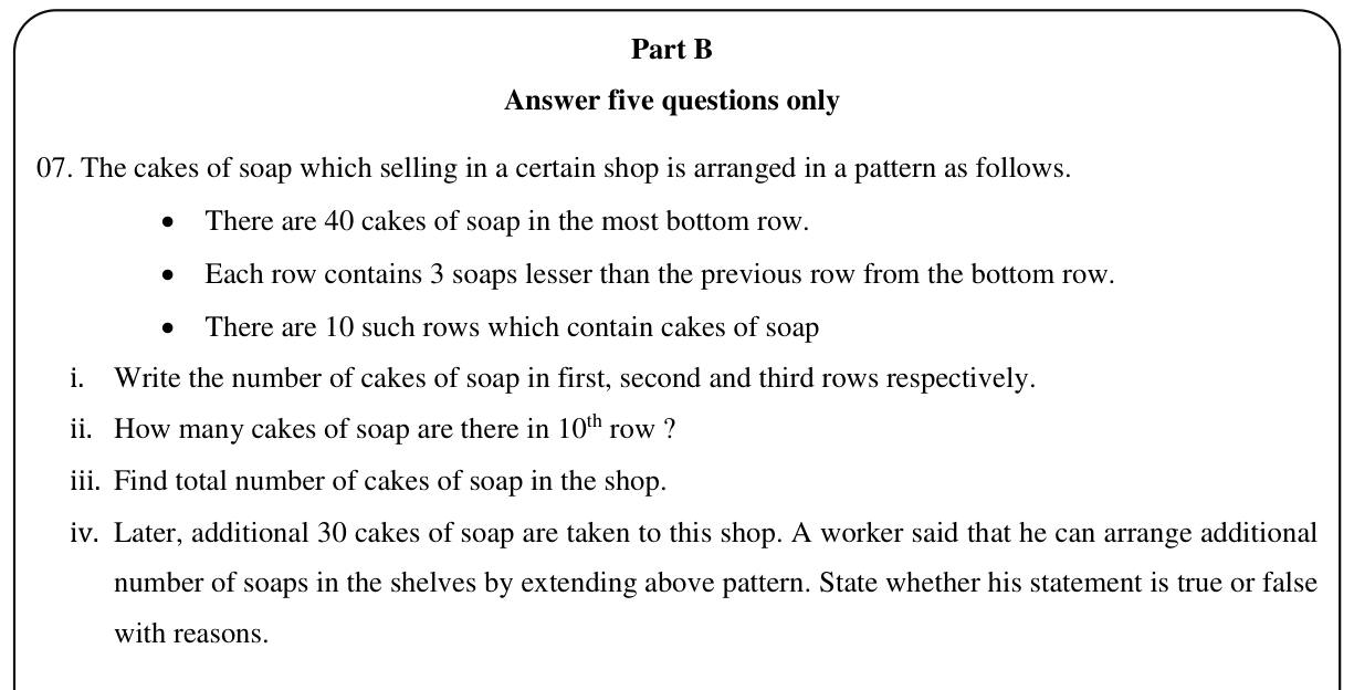 Paper II Part B Q7: Soap rows decreasing by 3: terms, sum, extension check