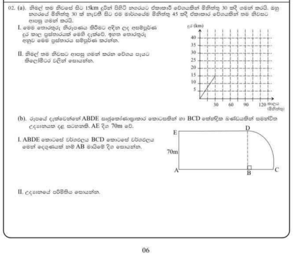 Paper I Part B Q2: Distance-time graph; rectangle with quarter circle: length and perimeter