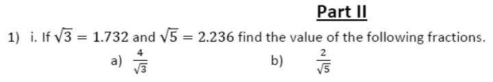 Paper I QII.1(i): Value of fractions with surd denominators using given roots