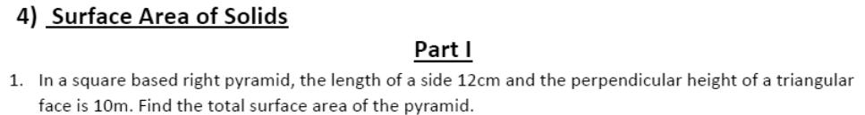 Paper I QI.1: Total surface area of a square pyramid