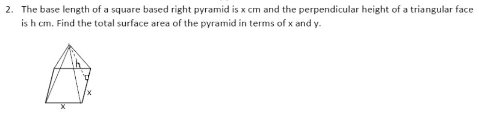 Paper I QI.2: Surface area formula for a square pyramid in letters