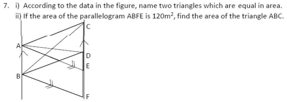 Paper I Q7: Equal triangles on base AB; triangle as half a parallelogram