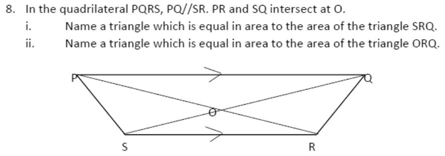 Paper I Q8: Equal triangles in a trapezium with crossing diagonals