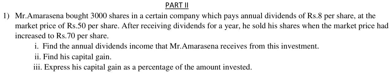 Paper I QII.1: Dividend, capital gain and gain percentage for one shareholder