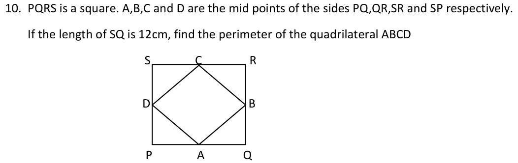 Paper I QI.10: Perimeter of quadrilateral joining midpoints of a square's sides