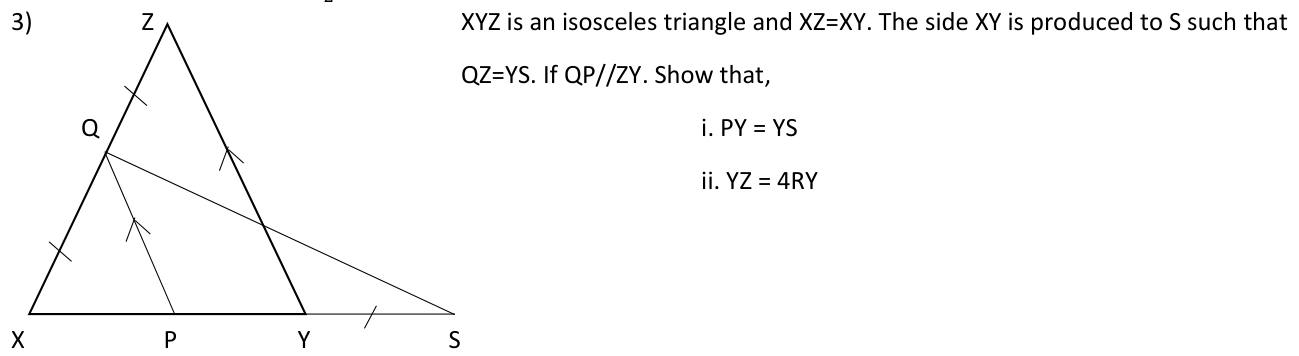 Paper I QII.3: Isosceles triangle with produced side; prove PY = YS and YZ = 4RY