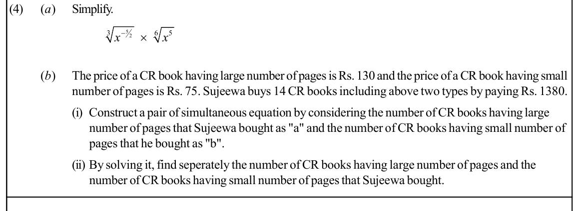 Paper II Part A Q4: Simplify rational-index roots; simultaneous equations for book purchases