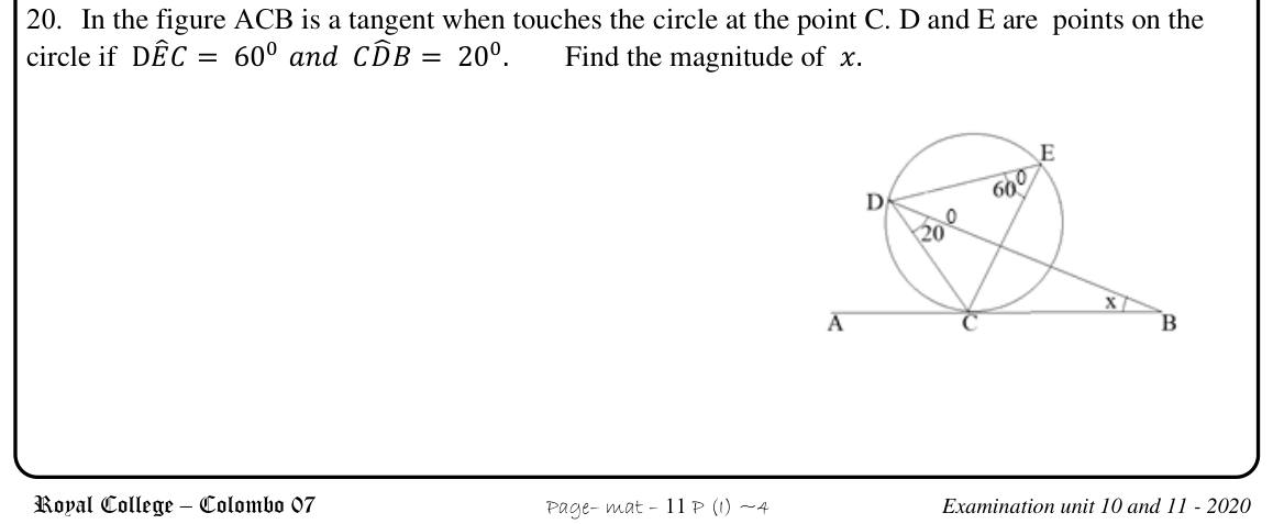 Paper I Part A Q20: Alternate segment theorem with a tangent
