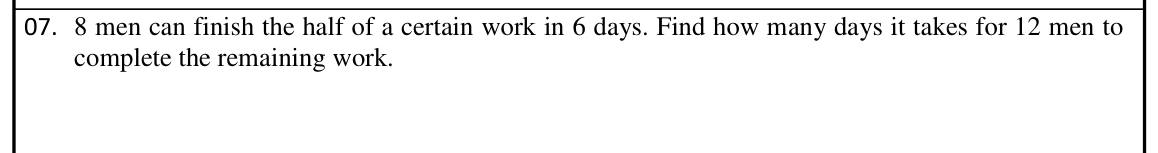 Paper I Part A Q7: Days for more men to finish remaining work